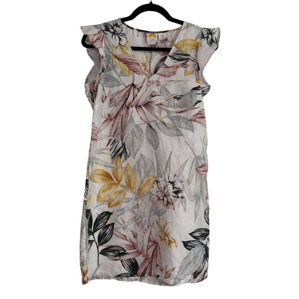 C&C California Womens Floral Linen Mini Dress XS Ruffled Cap Sleeve Lightweight